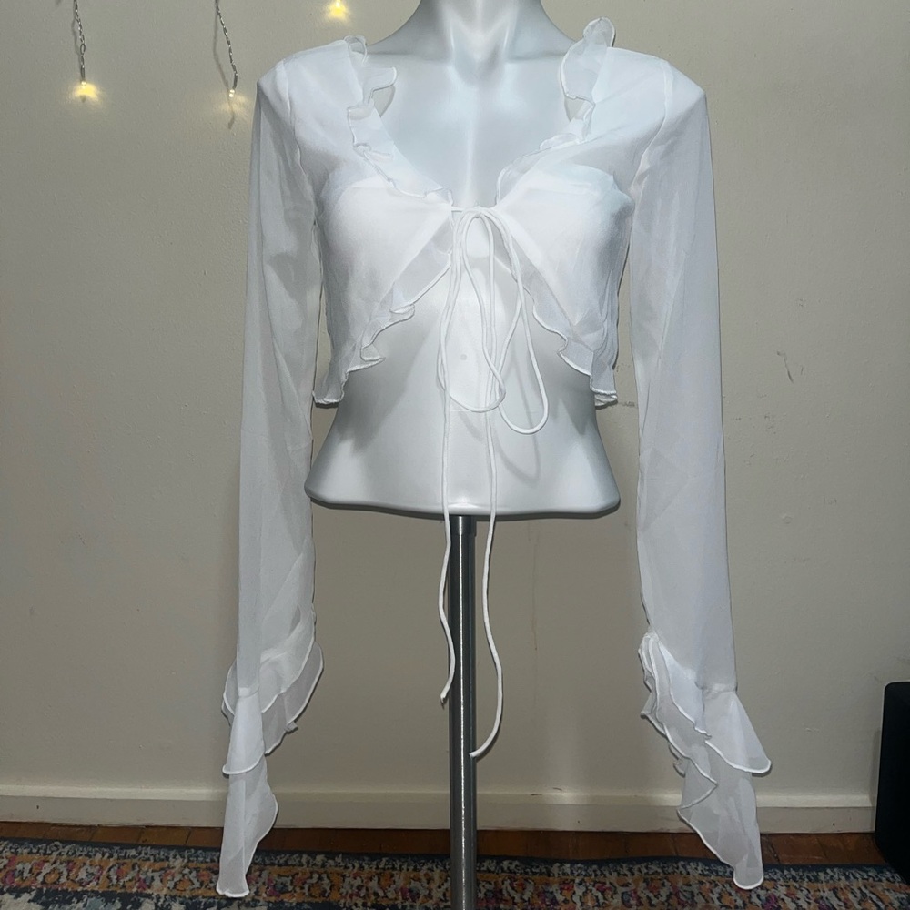 Fashion Nova White Ruffle Tie Blouse